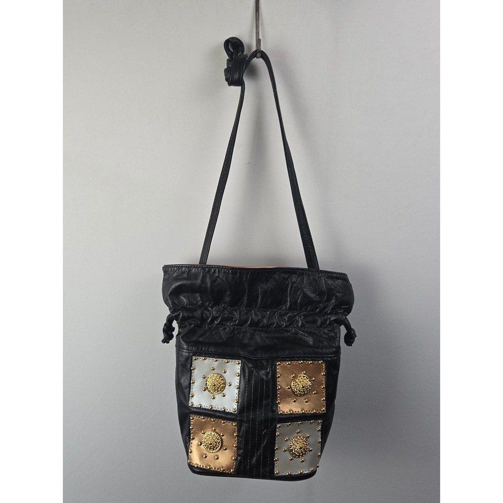 Vintage Black Leather Studded Medallion Bucket Bag Shoulder Purse Mixed Metal - Picture 2 of 9